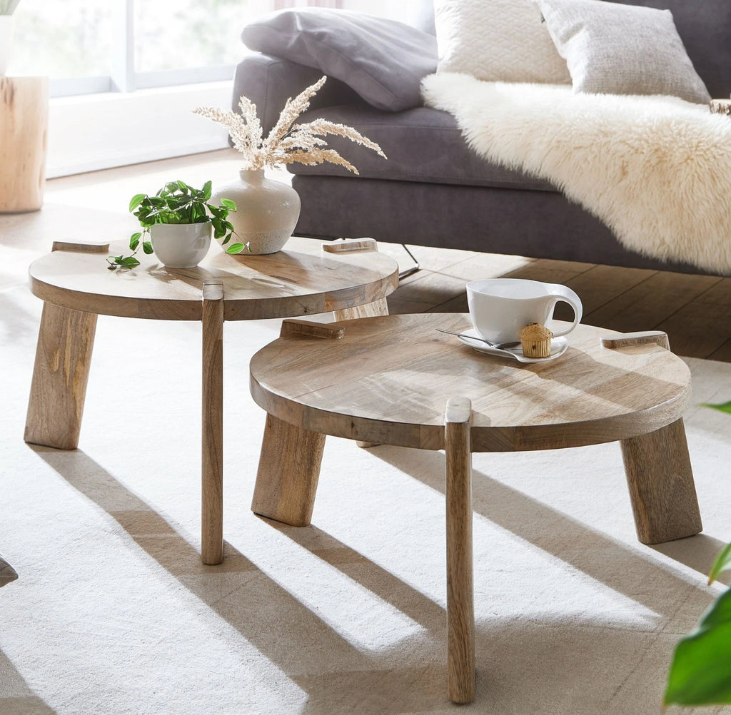 WOHNLING Couchtisch Set Rund Holz Massiv Wohnzimmertisch 2 teilig Beistelltisch