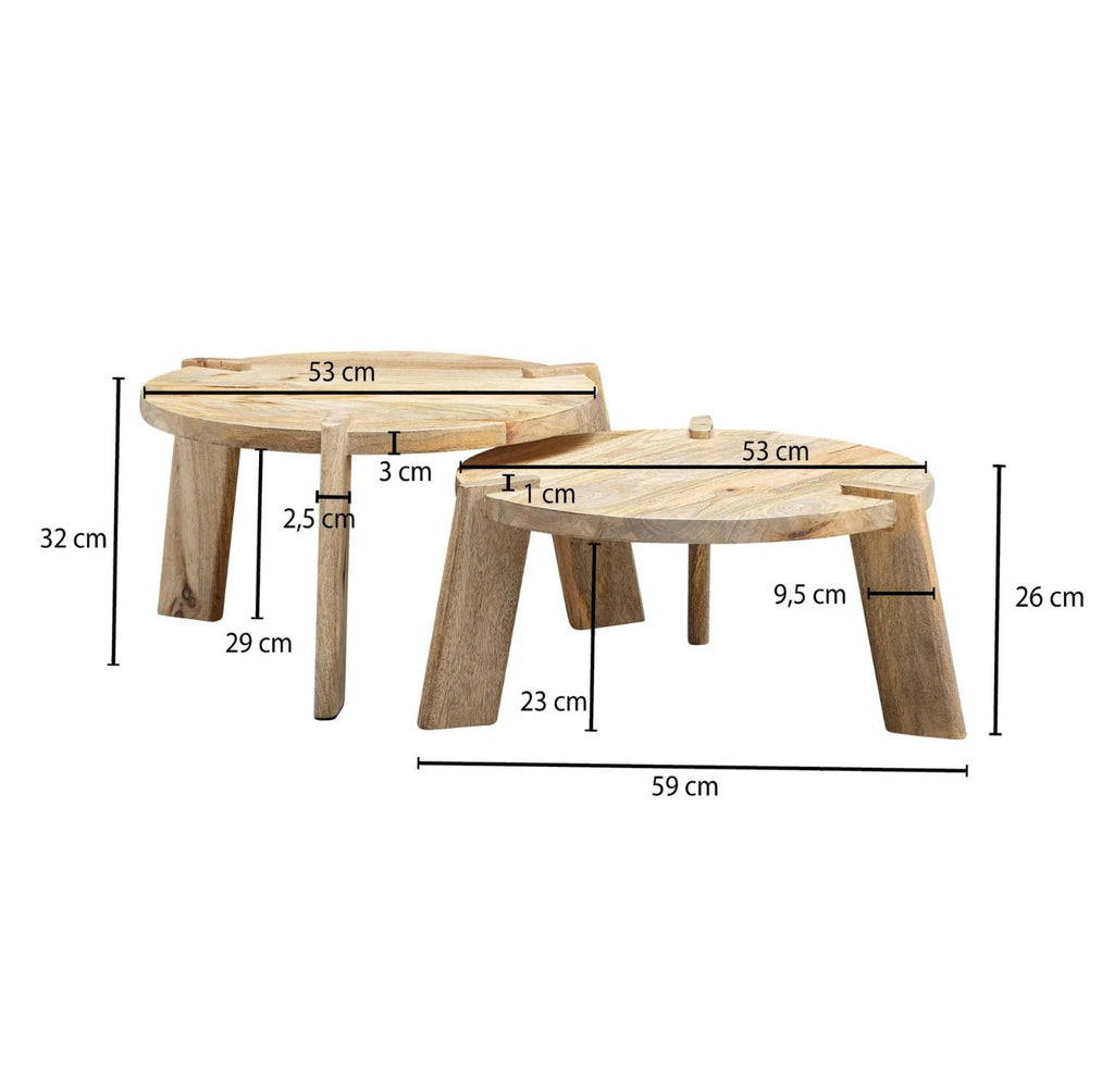 WOHNLING Couchtisch Set Rund Holz Massiv Wohnzimmertisch 2 teilig Beistelltisch